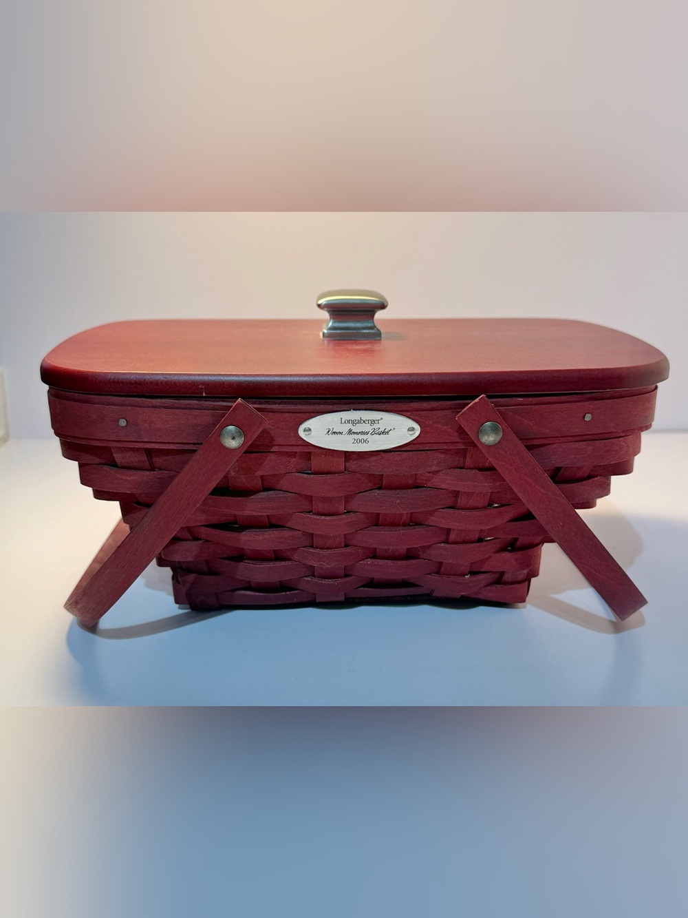Longaberger Red Woven Memory Basket 2006 with Metal Nameplate and plastic liner